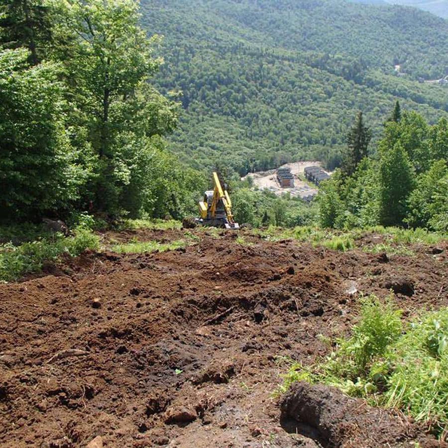 Broyeur forestier industriel monté sur pelle araignée Menzi Muck en forêt accidentée